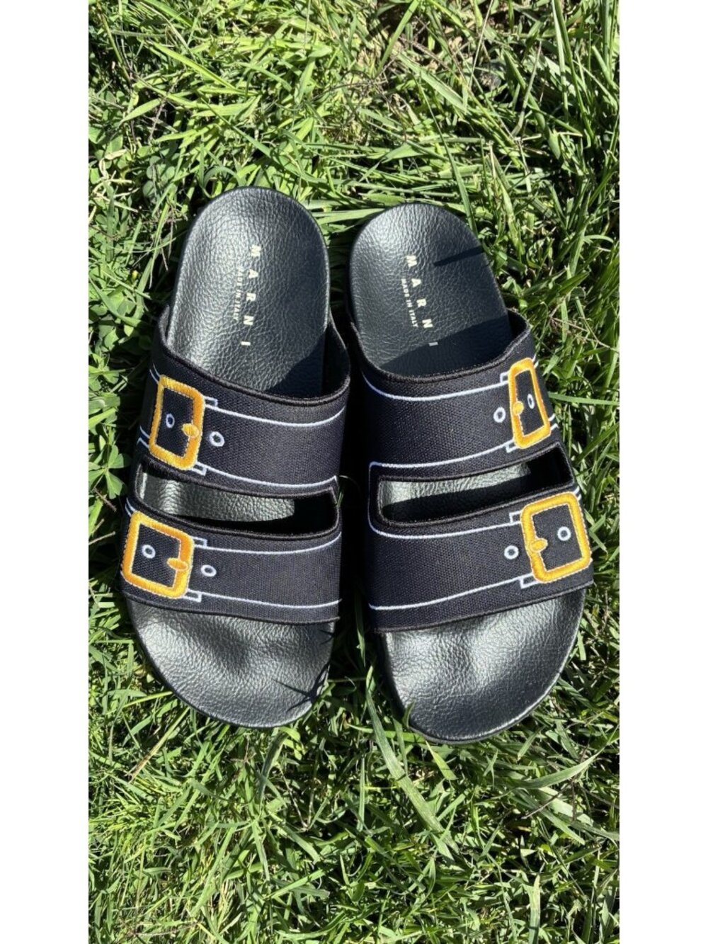 Marni Trompe L’oeil Jacquard Slide Sandals Black Knit Buckle EU 42 Men US Size 9